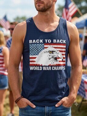 World War Champs Tank Top Back to Back Patriotic Eagle American Flag Navy NWOT